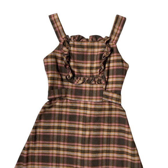 70s vintage plaid wool prairie dress ruffle cottage western sleeveless flare. - Picture 2 of 12